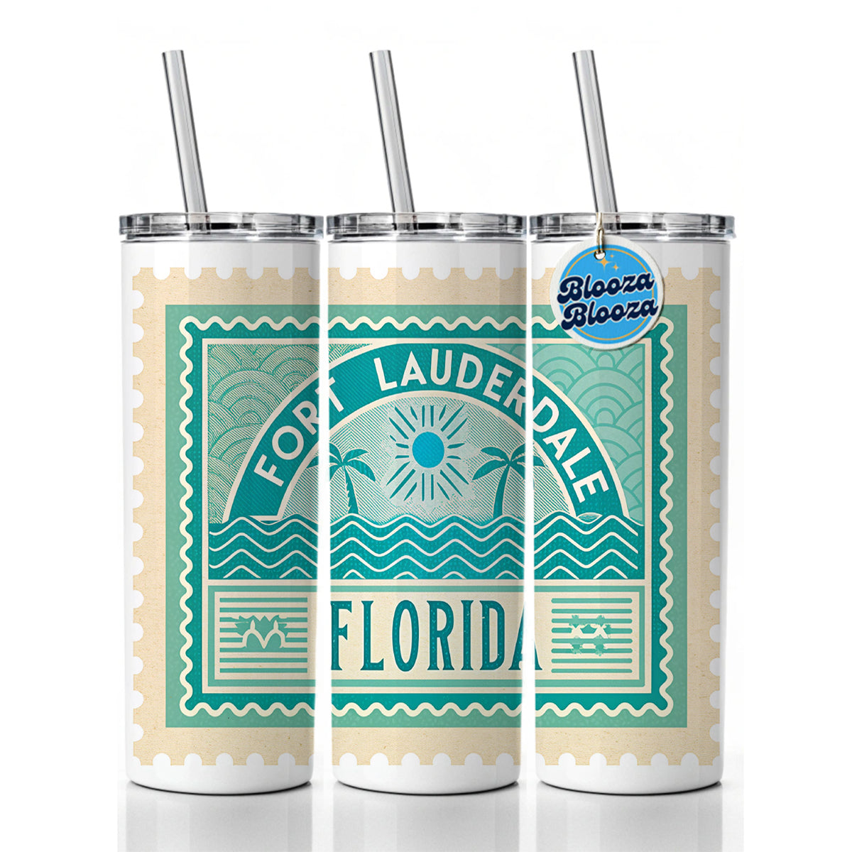 Fort Lauderdale FL Florida Travel Vacation Stamp Skinny Tumbler 20oz with Straw Insulated Water Bottle Gift