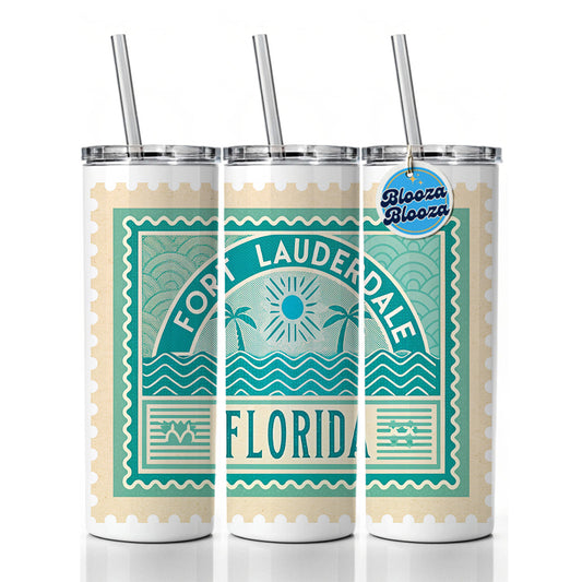 Fort Lauderdale FL Florida Travel Vacation Stamp Skinny Tumbler 20oz with Straw Insulated Water Bottle Gift