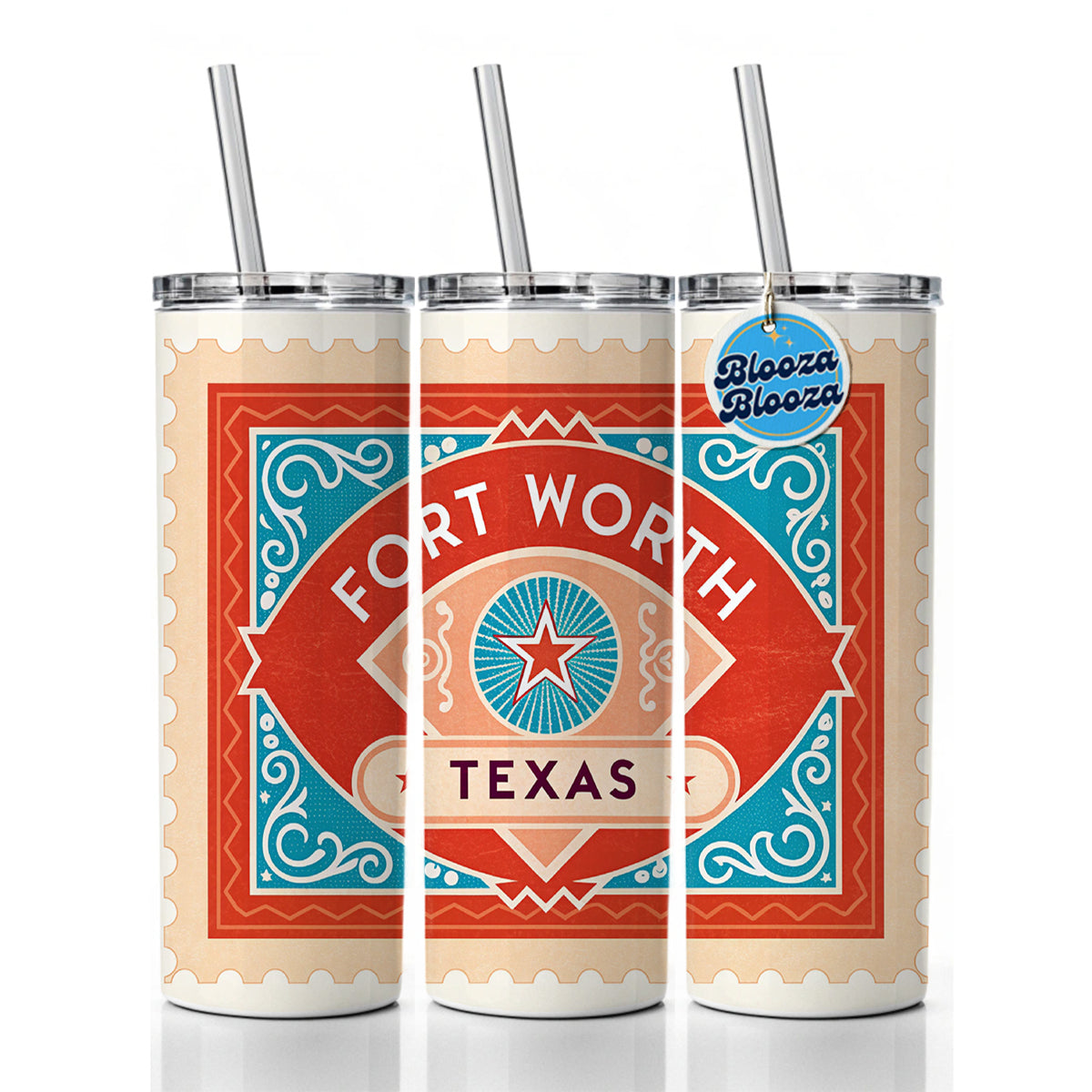 Fort Worth TX Texas Travel Vacation Stamp Skinny Tumbler 20oz with Straw Insulated Water Bottle Gift