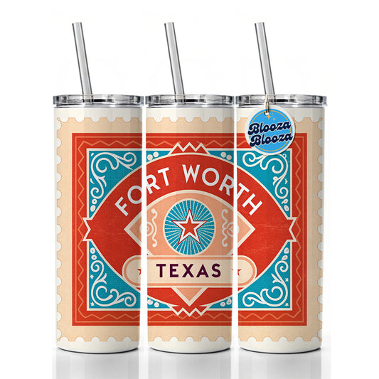 Fort Worth TX Texas Travel Vacation Stamp Skinny Tumbler 20oz with Straw Insulated Water Bottle Gift