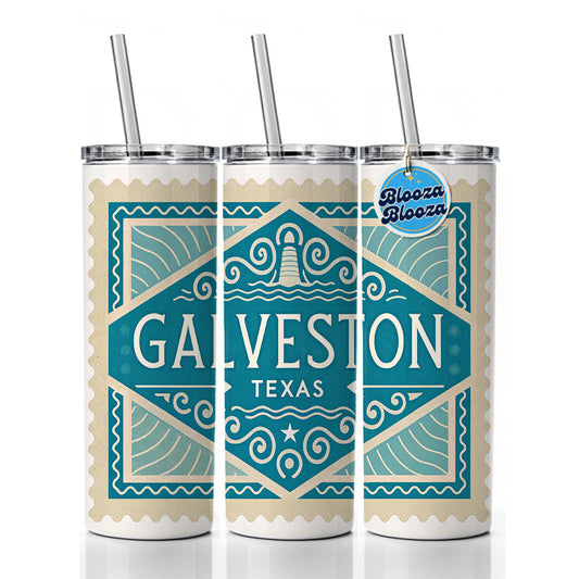 Galveston TX Texas Travel Vacation Stamp Skinny Tumbler 20oz with Straw Insulated Water Bottle Gift
