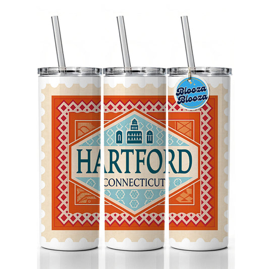 Hartford CT Connecticut Travel Vacation Stamp Skinny Tumbler 20oz with Straw Insulated Water Bottle Gift