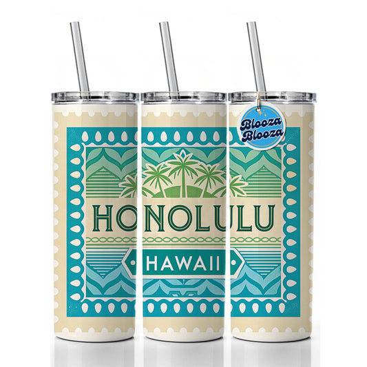Honolulu HI Hawaii Travel Vacation Stamp Skinny Tumbler 20oz with Straw Insulated Water Bottle Gift