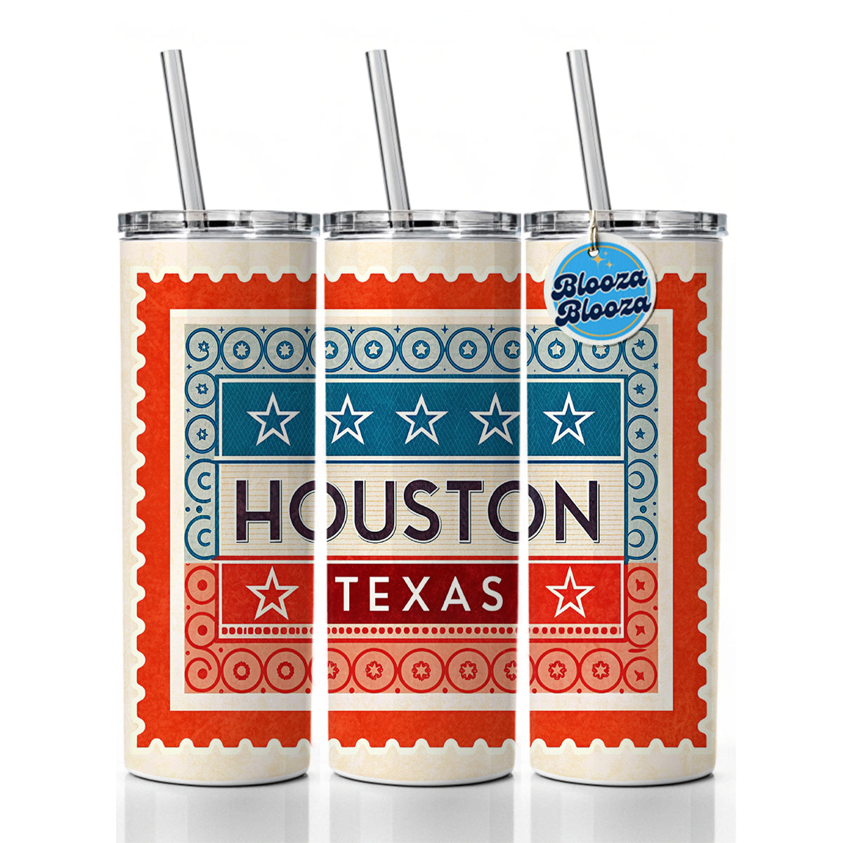 Houston TX Texas Travel Vacation Stamp Skinny Tumbler 20oz with Straw Insulated Water Bottle Gift