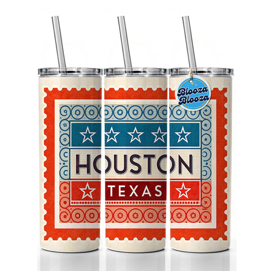 Houston TX Texas Travel Vacation Stamp Skinny Tumbler 20oz with Straw Insulated Water Bottle Gift