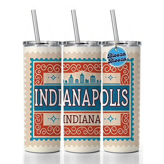 Indianapolis IN Indiana Travel Vacation Stamp Skinny Tumbler 20oz with Straw Insulated Water Bottle Gift
