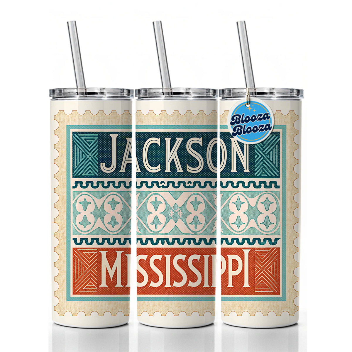 Jackson MS Mississippi Travel Vacation Stamp Skinny Tumbler 20oz with Straw Insulated Water Bottle Gift