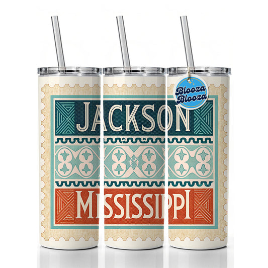 Jackson MS Mississippi Travel Vacation Stamp Skinny Tumbler 20oz with Straw Insulated Water Bottle Gift