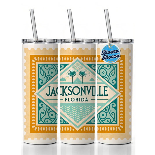 Jacksonville FL Florida Travel Vacation Stamp Skinny Tumbler 20oz with Straw Insulated Water Bottle Gift