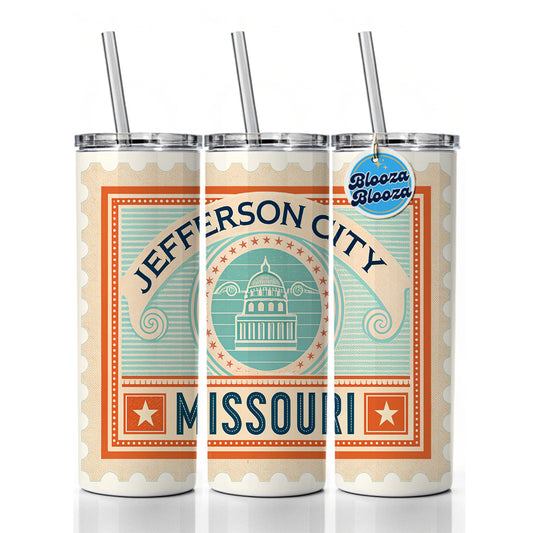 Jefferson City MO Missouri Travel Vacation Stamp Skinny Tumbler 20oz with Straw Insulated Water Bottle Gift