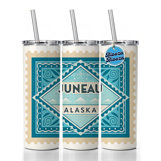 Juneau AK Alaska Travel Vacation Stamp Skinny Tumbler 20oz with Straw Insulated Water Bottle Gift