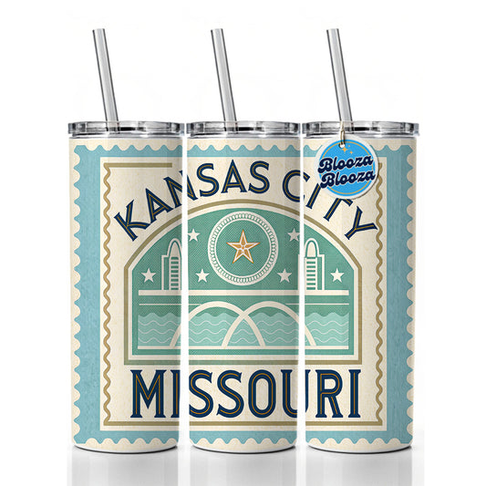 Kansas City MO Missouri Travel Vacation Stamp Skinny Tumbler 20oz with Straw Insulated Water Bottle Gift