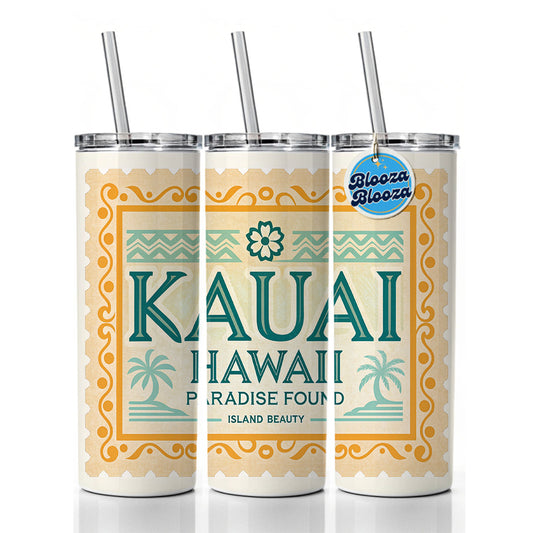 Kauai HI Hawaii Travel Vacation Stamp Skinny Tumbler 20oz with Straw Insulated Water Bottle Gift