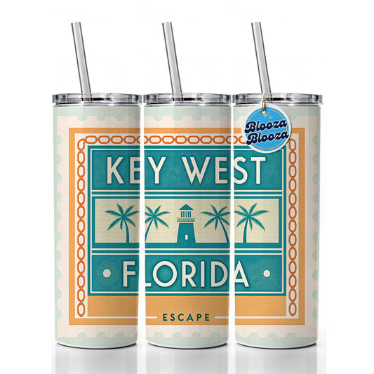 Key West FL Florida Travel Vacation Stamp Skinny Tumbler 20oz with Straw Insulated Water Bottle Gift