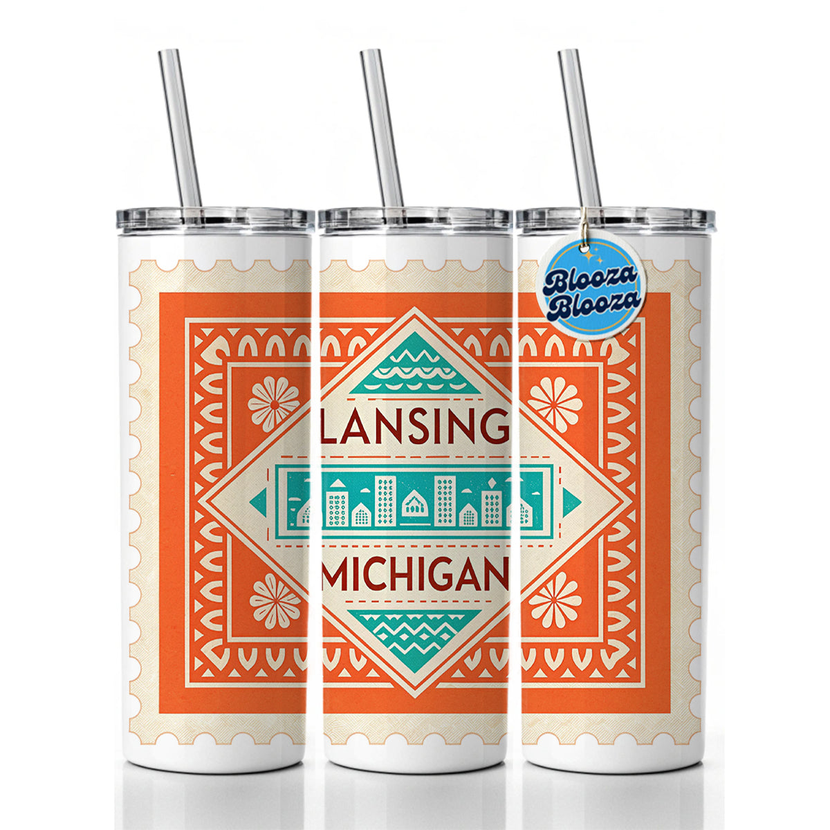 Lansing MI Michigan Travel Vacation Stamp Skinny Tumbler 20oz with Straw Insulated Water Bottle Gift