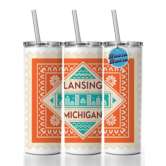 Lansing MI Michigan Travel Vacation Stamp Skinny Tumbler 20oz with Straw Insulated Water Bottle Gift