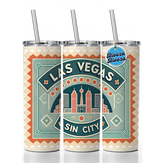 Las Vegas Nevada NV Sin City Travel Vacation Stamp Skinny Tumbler 20oz with Straw Insulated Water Bottle Gift
