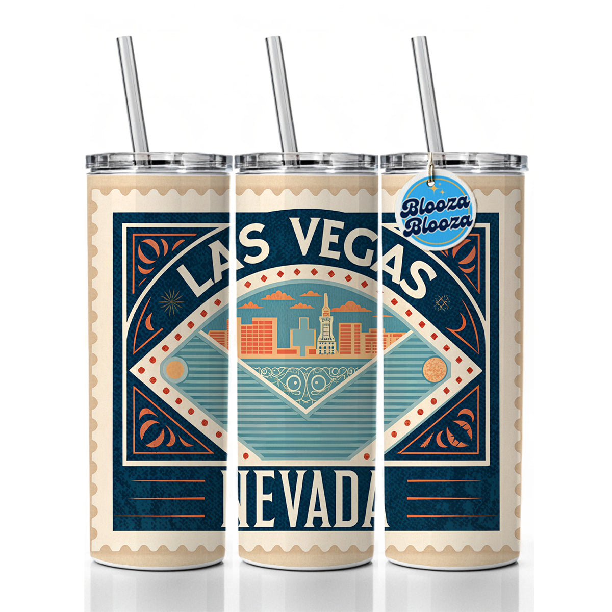 Las Vegas NV Nevada Travel Vacation Stamp Skinny Tumbler 20oz with Straw Insulated Water Bottle Gift