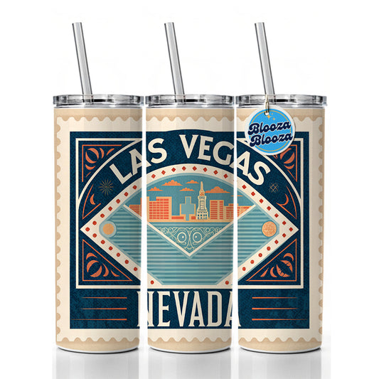 Las Vegas NV Nevada Travel Vacation Stamp Skinny Tumbler 20oz with Straw Insulated Water Bottle Gift