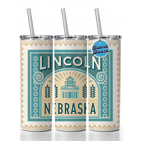 Lincoln NE Nebraska Travel Vacation Stamp Skinny Tumbler 20oz with Straw Insulated Water Bottle Gift
