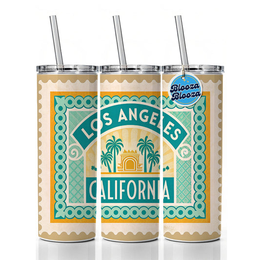 Los Angeles CA California Travel Vacation Stamp Skinny Tumbler 20oz with Straw Insulated Water Bottle Gift