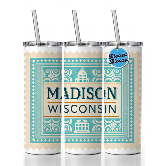 Madison WI Wisconsin Travel Vacation Stamp Skinny Tumbler 20oz with Straw Insulated Water Bottle Gift