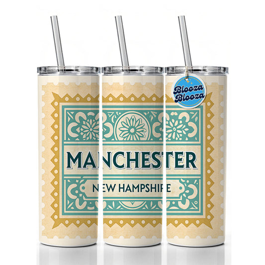 Manchester NH New Hampshire Travel Vacation Stamp Skinny Tumbler 20oz with Straw Insulated Water Bottle Gift