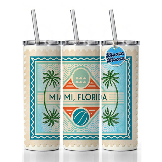 Miami FL Florida Travel Vacation Stamp Skinny Tumbler 20oz with Straw Insulated Water Bottle Gift