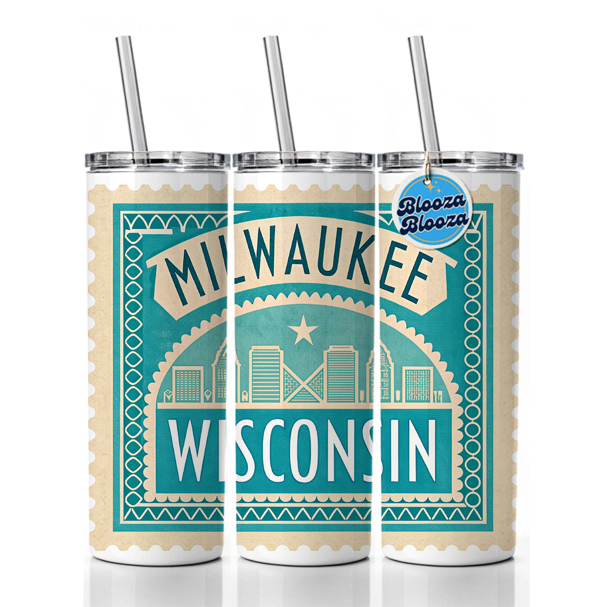 Milwaukee WI Wisconsin Travel Vacation Stamp Skinny Tumbler 20oz with Straw Insulated Water Bottle Gift