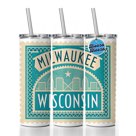 Milwaukee WI Wisconsin Travel Vacation Stamp Skinny Tumbler 20oz with Straw Insulated Water Bottle Gift