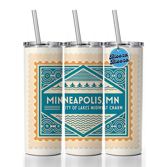 Minneapolis MN Minnesota Travel Vacation Stamp Skinny Tumbler 20oz with Straw Insulated Water Bottle Gift