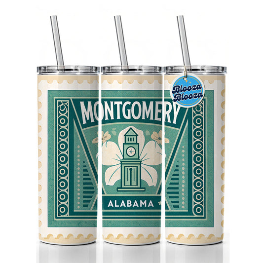 Montgomery Alabama AL Travel Vacation Stamp Skinny Tumbler 20oz with Straw Insulated Water Bottle Gift