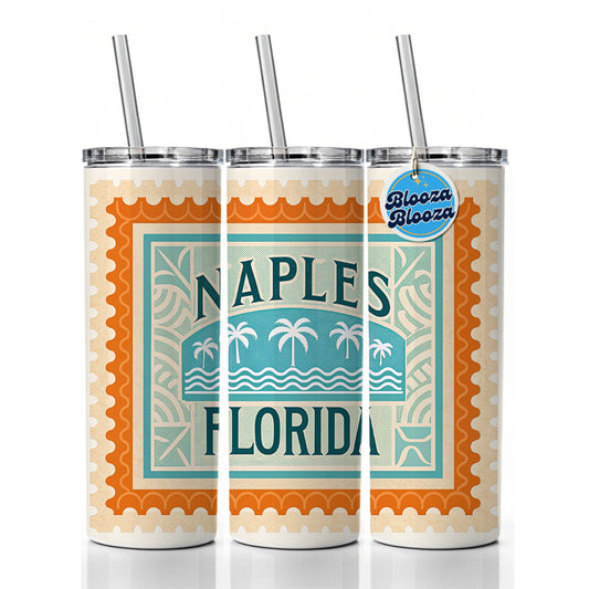 Naples FL Florida Travel Vacation Stamp Skinny Tumbler 20oz with Straw Insulated Water Bottle Gift