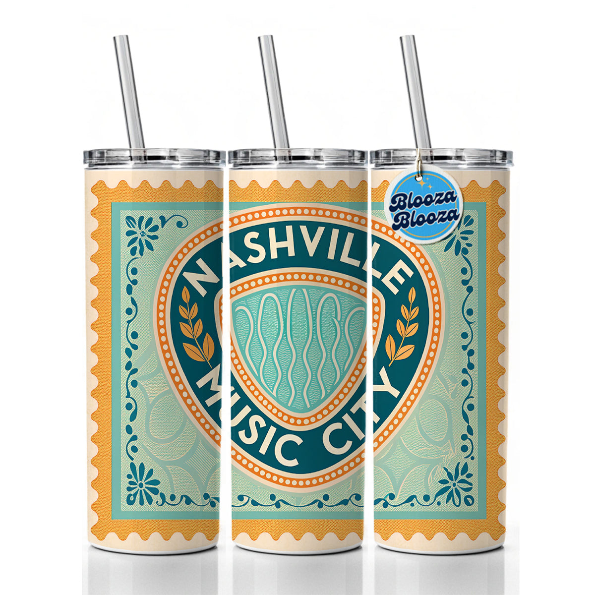 Nashville TN Tennessee Music City Travel Vacation Stamp Skinny Tumbler 20oz with Straw Insulated Water Bottle Gift