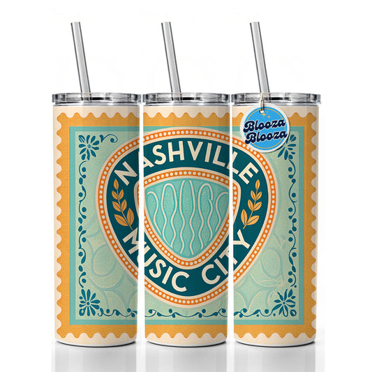 Nashville TN Tennessee Music City Travel Vacation Stamp Skinny Tumbler 20oz with Straw Insulated Water Bottle Gift
