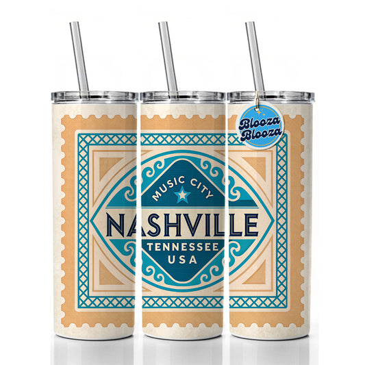 Nashville TN Tennessee Travel Vacation Stamp Skinny Tumbler 20oz with Straw Insulated Water Bottle Gift