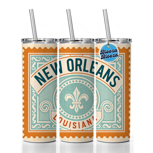 New Orleans LA Louisiana Travel Vacation Stamp Skinny Tumbler 20oz with Straw Insulated Water Bottle Gift