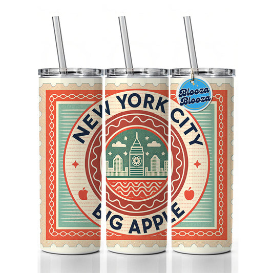 New York City NYC Big Apple Travel Vacation Stamp Skinny Tumbler 20oz with Straw Insulated Water Bottle Gift