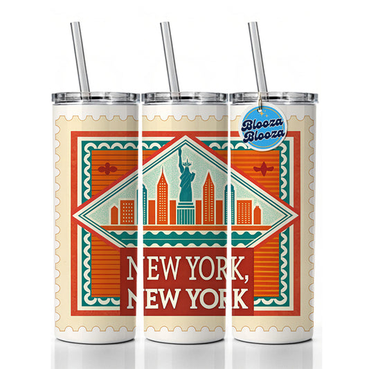 New York NY Skyline Travel Vacation Stamp Skinny Tumbler 20oz with Straw Insulated Water Bottle Gift
