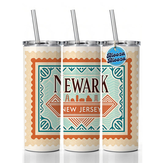 Newark NJ New Jersey Travel Vacation Stamp Skinny Tumbler 20oz with Straw Insulated Water Bottle Gift