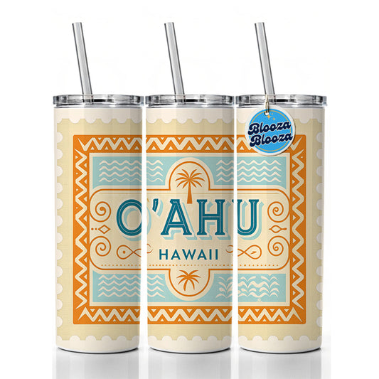 O'Ahu HI Hawaii Travel Vacation Stamp Skinny Tumbler 20oz with Straw Insulated Water Bottle Gift