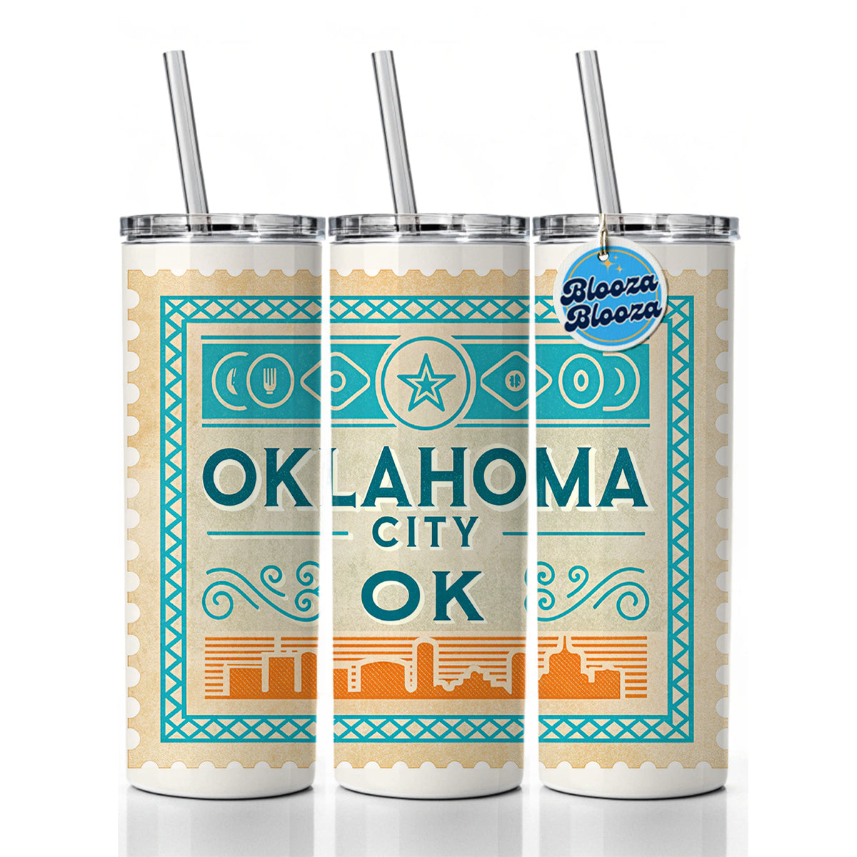 Oklahoma City OK Travel Vacation Stamp Skinny Tumbler 20oz with Straw Insulated Water Bottle Gift