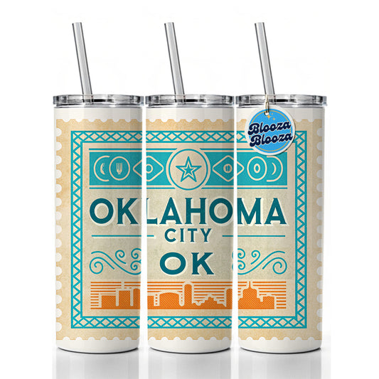 Oklahoma City OK Travel Vacation Stamp Skinny Tumbler 20oz with Straw Insulated Water Bottle Gift