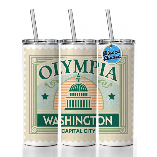 Olympia WA Washington Travel Vacation Stamp Skinny Tumbler 20oz with Straw Insulated Water Bottle Gift