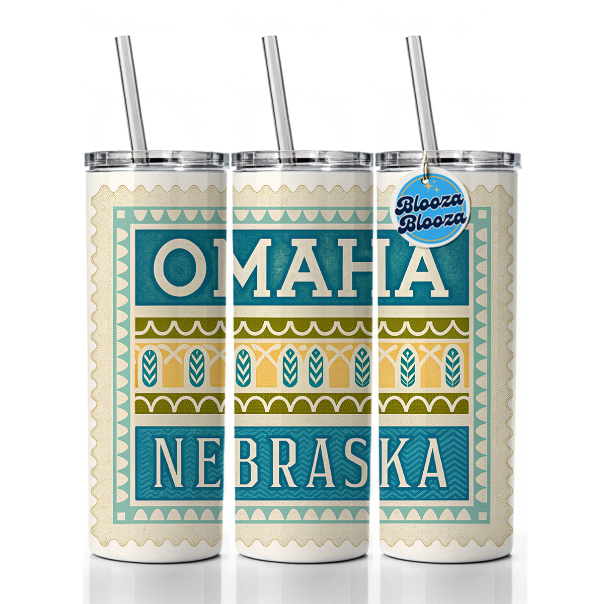 Omaha NE Nebraska Travel Vacation Stamp Skinny Tumbler 20oz with Straw Insulated Water Bottle Gift