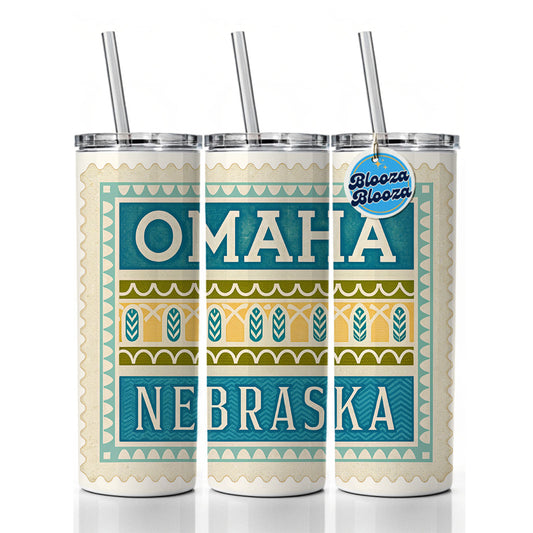 Omaha NE Nebraska Travel Vacation Stamp Skinny Tumbler 20oz with Straw Insulated Water Bottle Gift