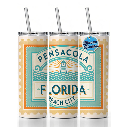 Pensacola FL Florida Beach City Travel Vacation Stamp Skinny Tumbler 20oz with Straw Insulated Water Bottle Gift