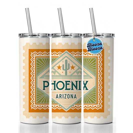 Phoenix AZ Arizona Travel Vacation Stamp Skinny Tumbler 20oz with Straw Insulated Water Bottle Gift