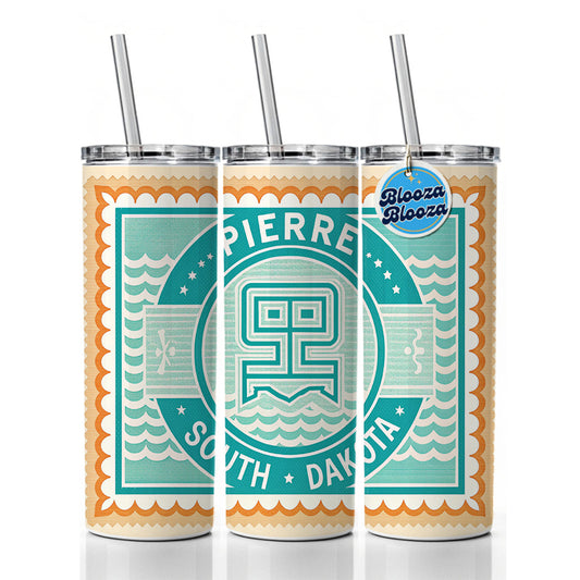 Pierre SD South Dakota Travel Vacation Stamp Skinny Tumbler 20oz with Straw Insulated Water Bottle Gift