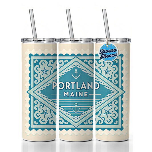 Portland ME Maine Travel Vacation Stamp Skinny Tumbler 20oz with Straw Insulated Water Bottle Gift